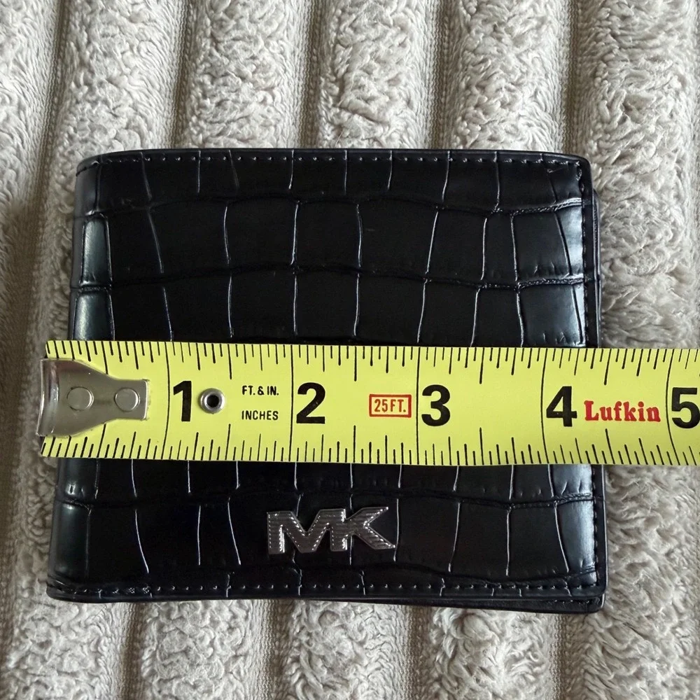 Michael Kors Mens Black Croc Embossed Leather Bifold Wallet Silver MK Logo